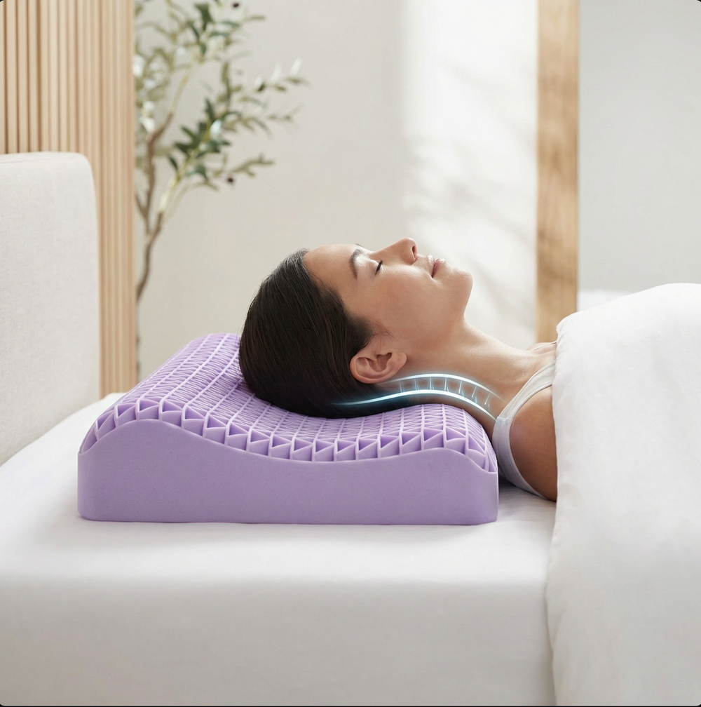 Person lying on a bed with a purple neck pillow and headboard.